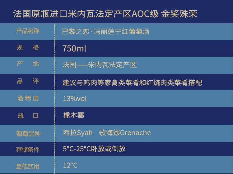 【法国原瓶进口】圣尚·巴黎之恋·玛丽莲干红葡萄酒 750ml*1