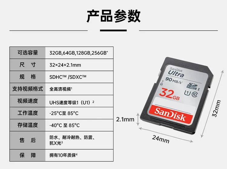 【品牌】 闪迪32G数码相机内存卡Class10高速90M/S存储卡SD卡储存卡SDHC卡