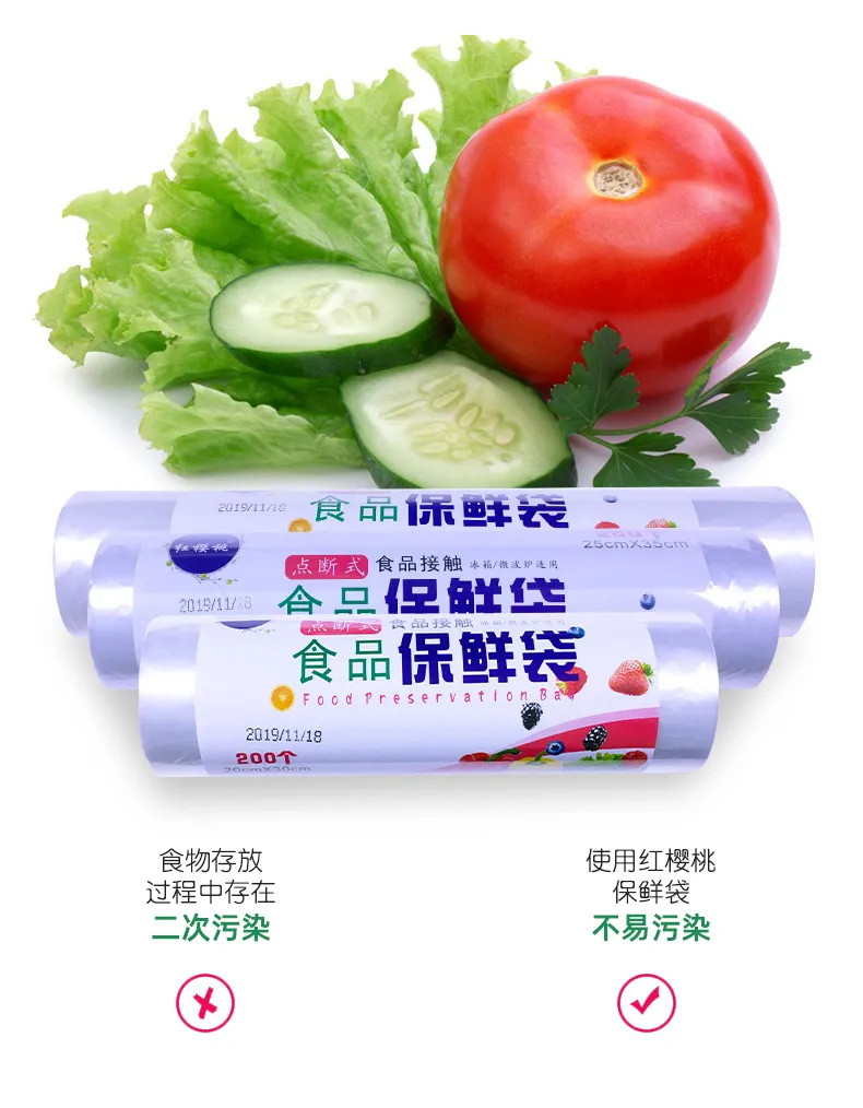 质量可靠【200只一卷】保鲜袋家用大卷食品级大中小号点断式耐高温连卷袋