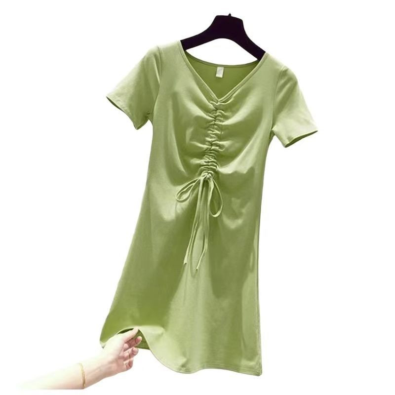 【清新】连衣裙女夏季新款修身显瘦学生绿色收腰抽绳超仙中长款裙子潮ins