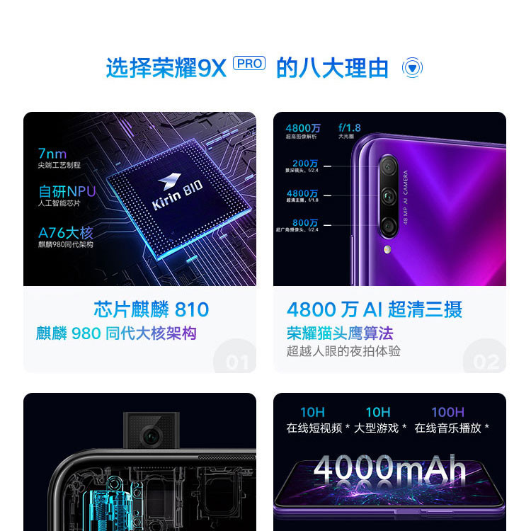 华为/HUAWEI 荣耀9X PRO 麒麟810  6.59英寸8GB+256GB 全网通手机