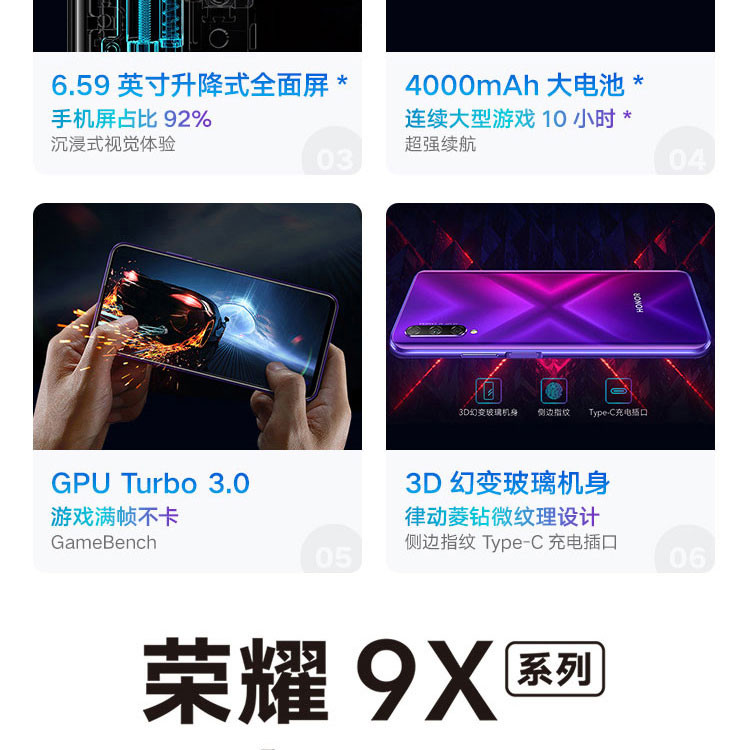 华为/HUAWEI 荣耀9X PRO 麒麟810  6.59英寸8GB+256GB 全网通手机