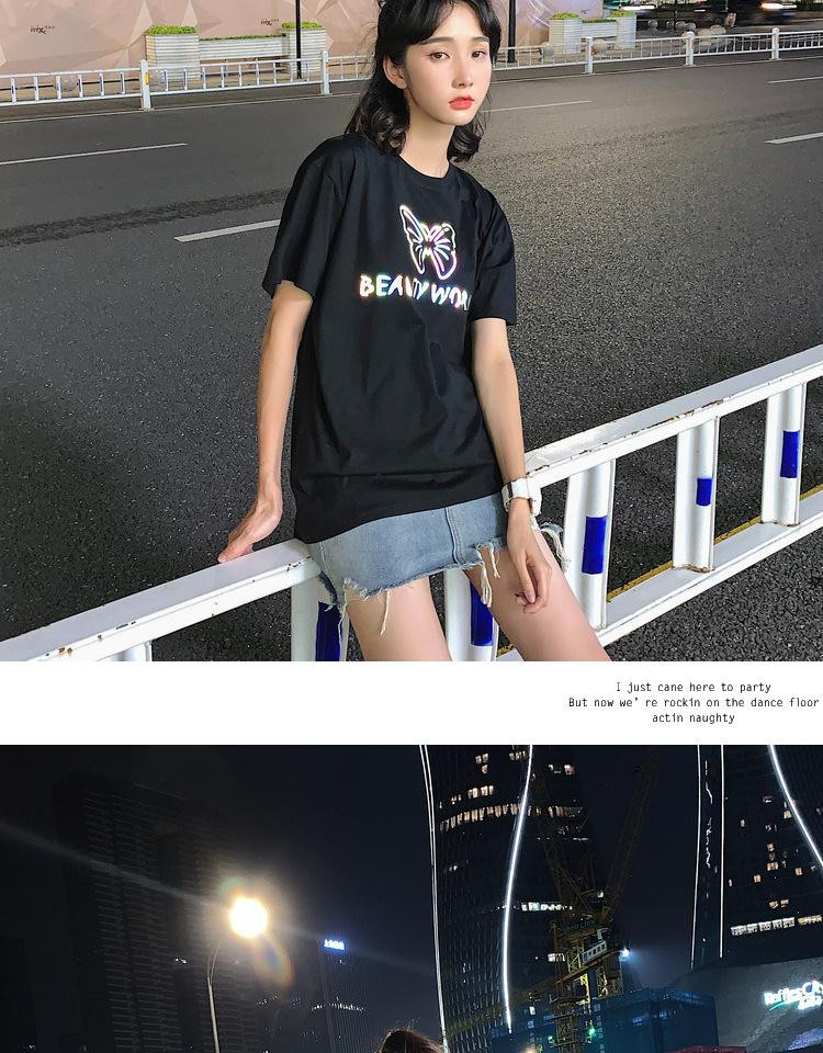 卓纪韩版宽松网红短t恤女2020夏季新款百搭减龄气质发光印花上衣ins潮