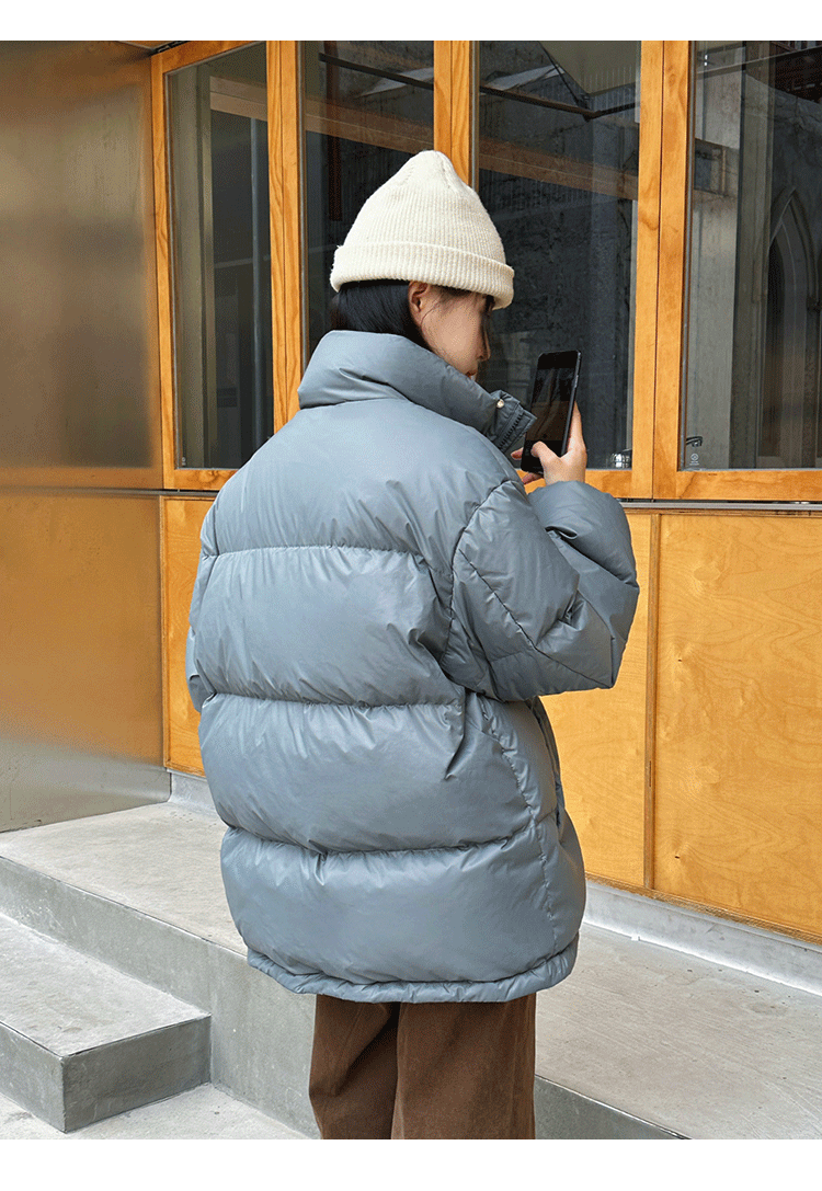  卓纪 灰色白鸭绒中长款加厚立领羽绒服女2023冬季小个子黑色面包服