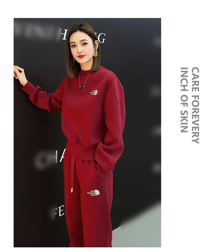  卓纪 发财款新年红时尚休闲运动套装女2024年冬季新款韩版显瘦 加