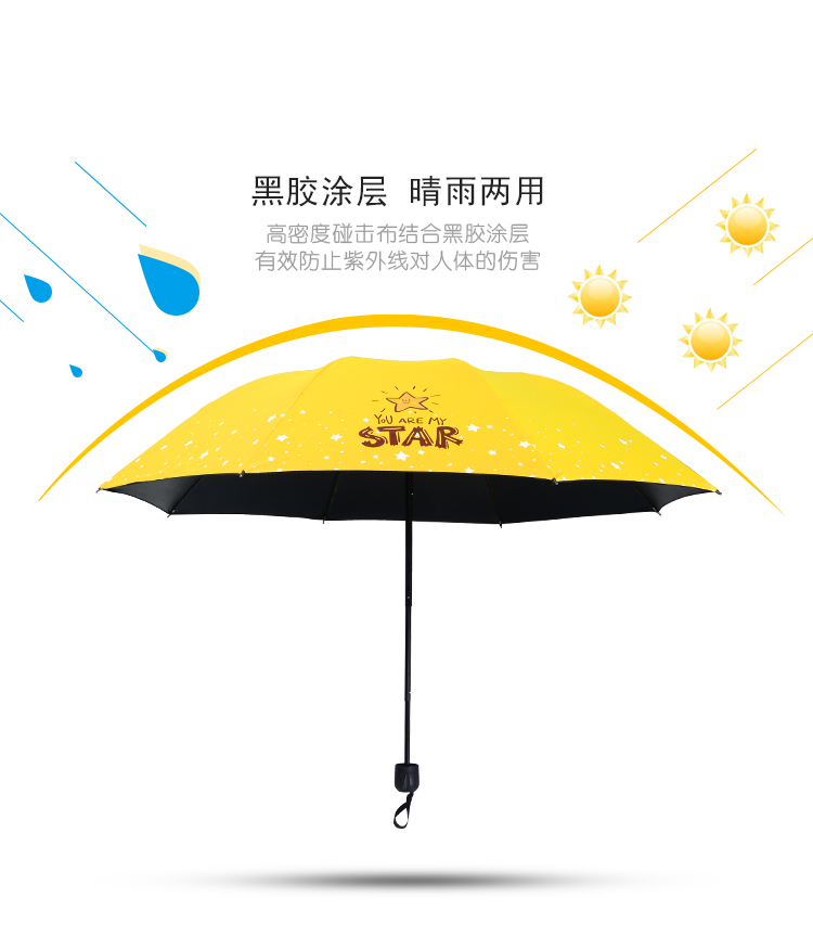 飞誉 烫金羽毛太阳伞 星星黑胶防紫外线女雨伞晴雨两用小黑伞