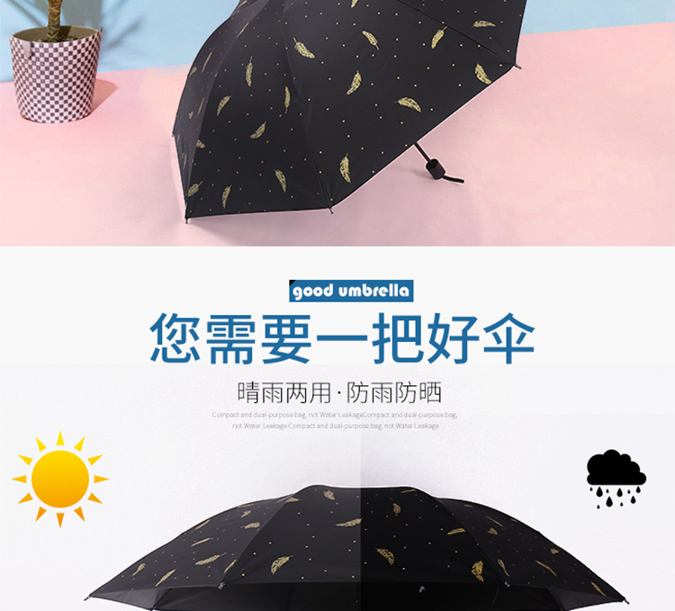 飞誉 烫金羽毛太阳伞 星星黑胶防紫外线女雨伞晴雨两用小黑伞