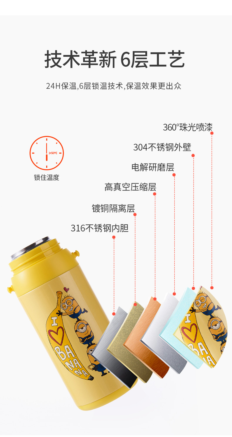 小黄人萌趣316不锈钢3D背带真空弹跳保温杯吸管杯570ml