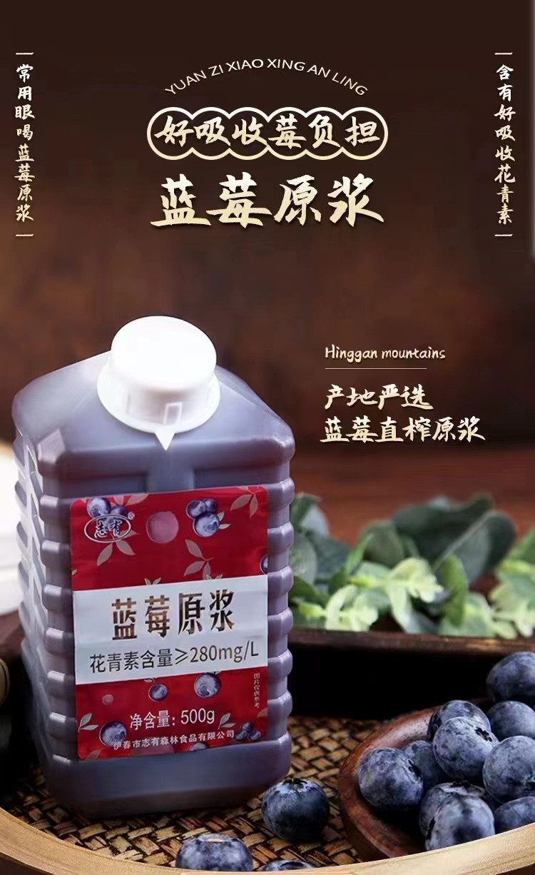 志有 黑龙江蓝莓原浆500g*3 伊春蓝莓原浆饮料