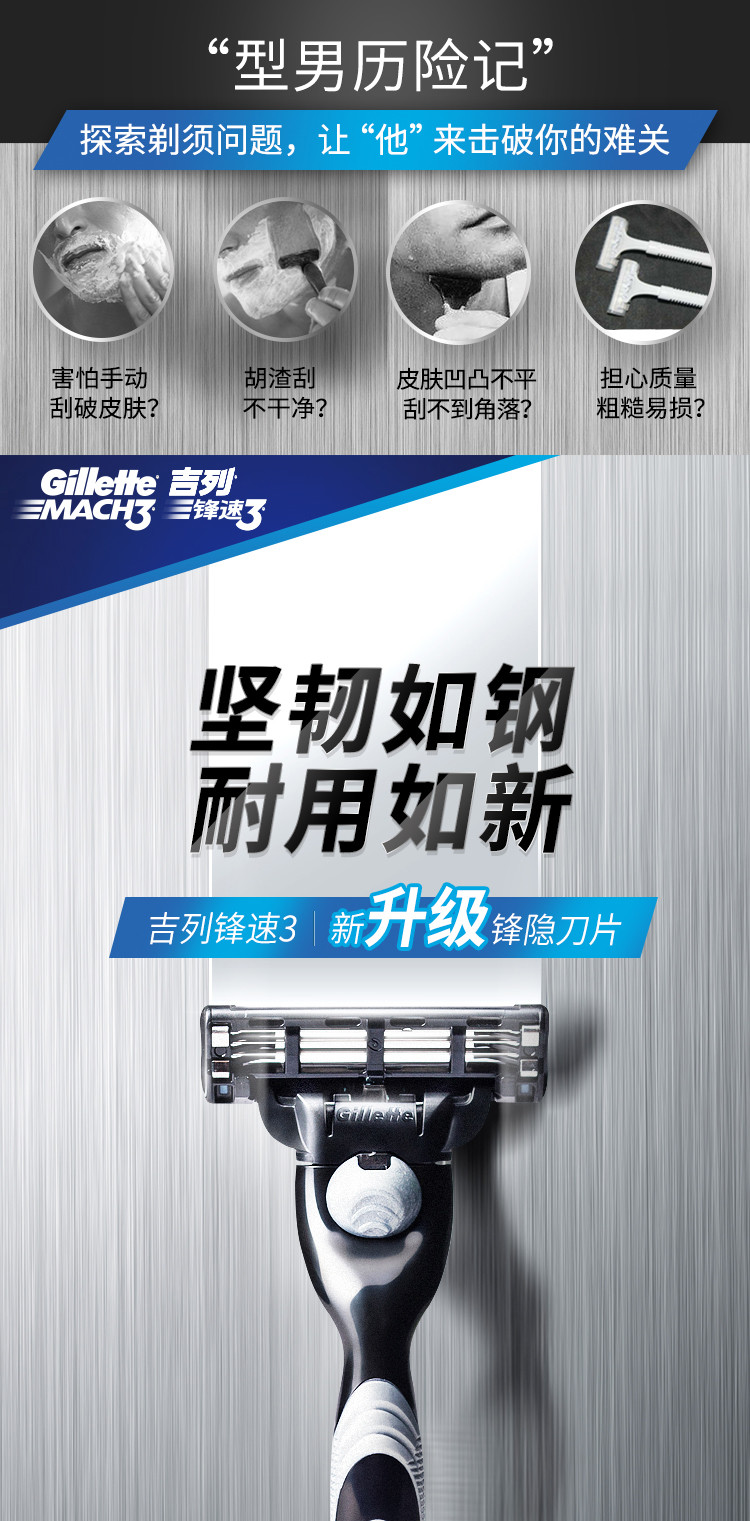 吉列/Gillette 剃须刀刮胡刀手动 吉利 锋速3经典（1刀架1刀头）（新老包装随机发货）