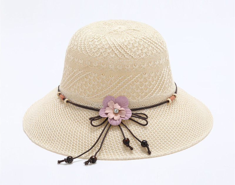 夏天女防紫外线草帽可折叠防晒帽新款花朵蝴蝶结沙滩帽