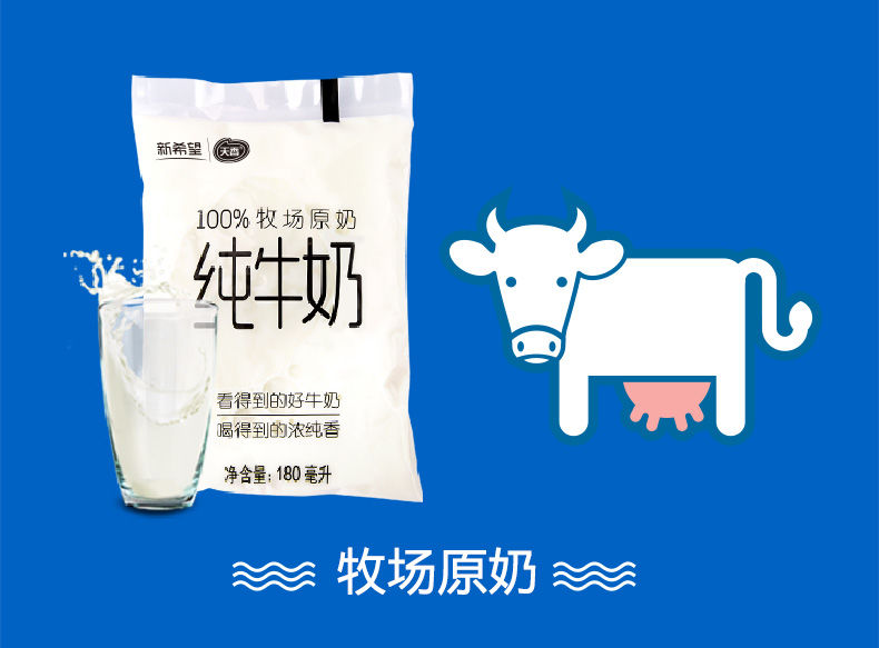 新鲜日期丨新希望优质精选奶网红早餐奶透明袋纯牛奶180ml*12袋ch