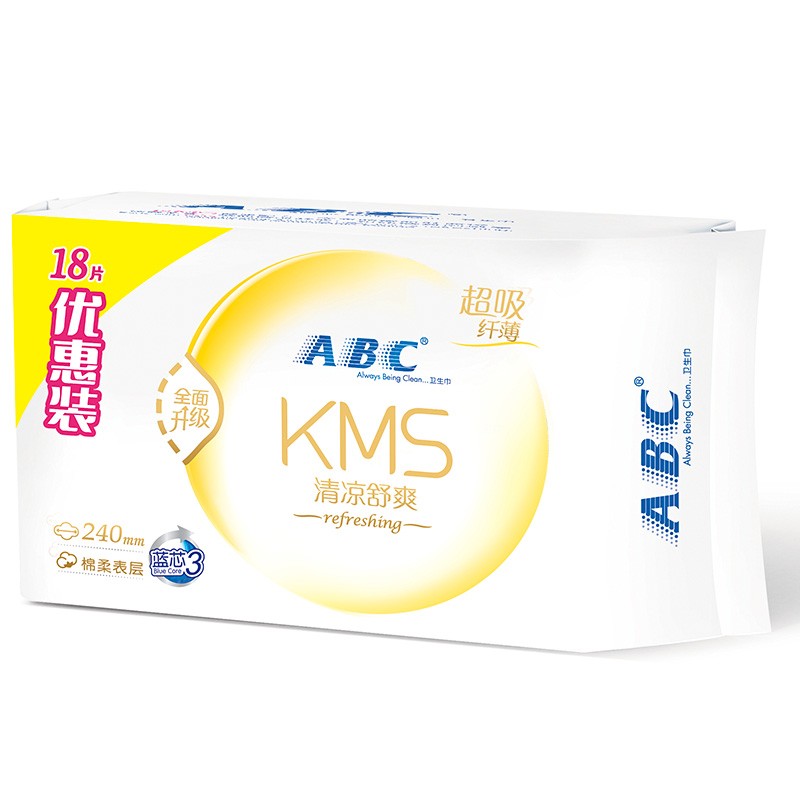 ABC KMS纤薄棉柔超吸日用卫生巾240mm*18片(KMS健康配方)(温和成分清新舒适)KU11