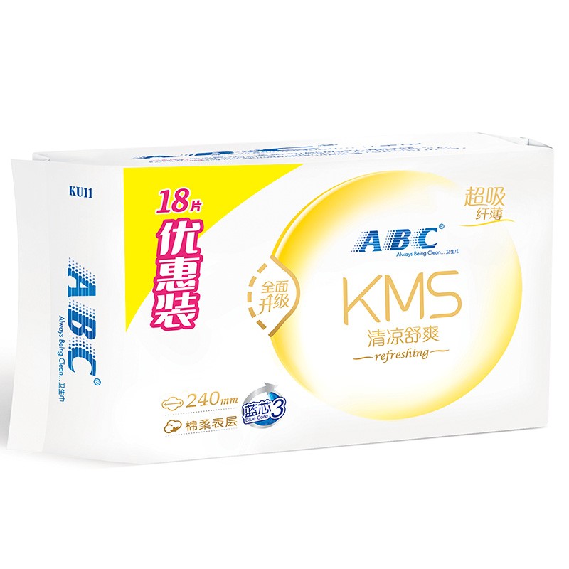 ABC KMS纤薄棉柔超吸日用卫生巾240mm*18片(KMS健康配方)(温和成分清新舒适)KU11