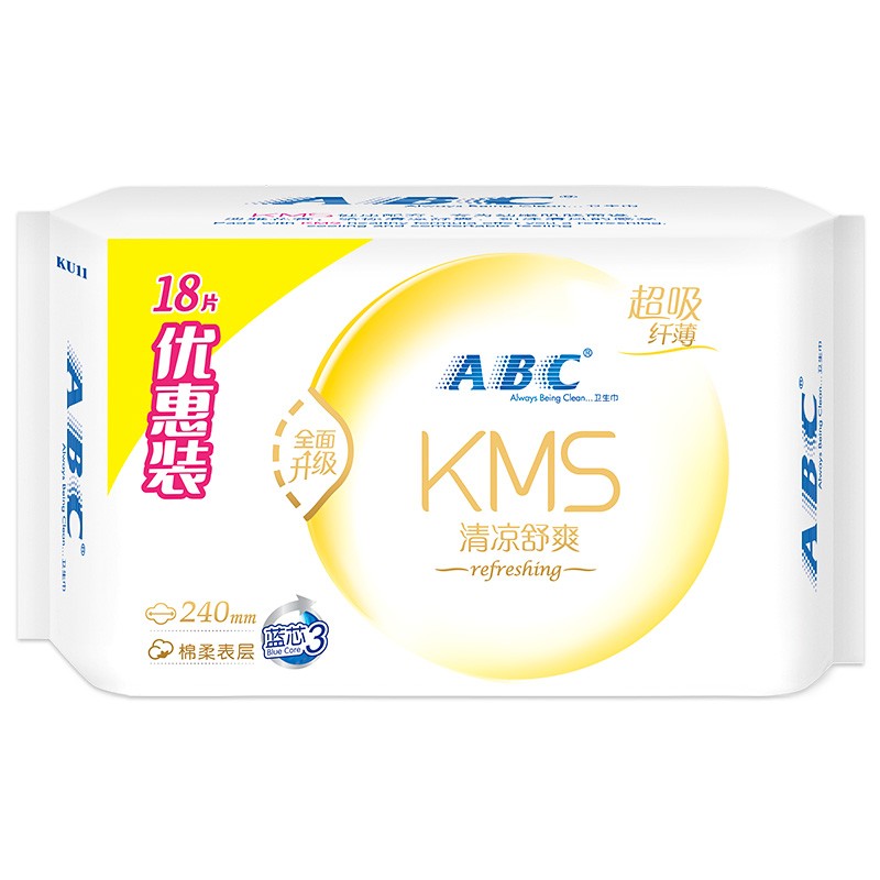 ABC KMS纤薄棉柔超吸日用卫生巾240mm*18片(KMS健康配方)(温和成分清新舒适)KU11