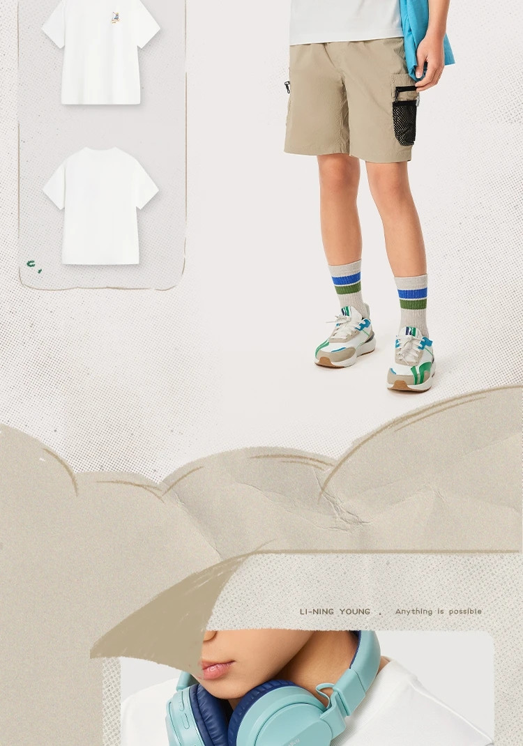 李宁/LI NING 男大童运动生活系列短袖文化衫青少年上衣棉质舒适YHSU127