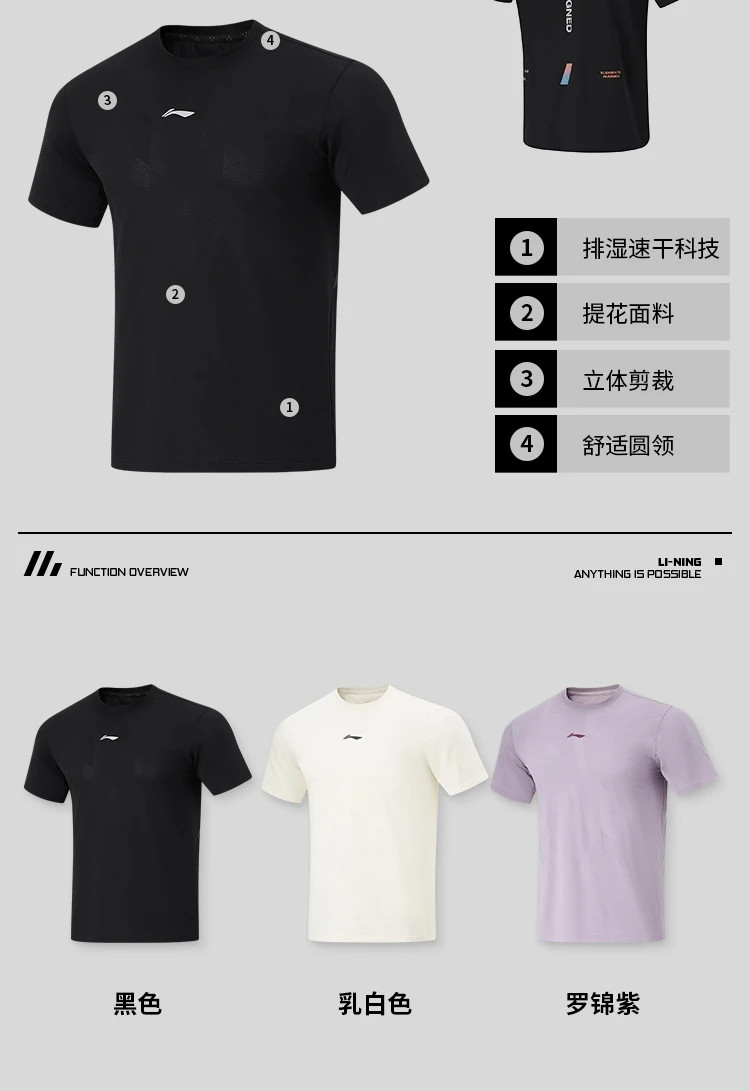 李宁/LI NING 健身系列男子排湿速干短袖T恤2024夏轻薄半袖ATSU425