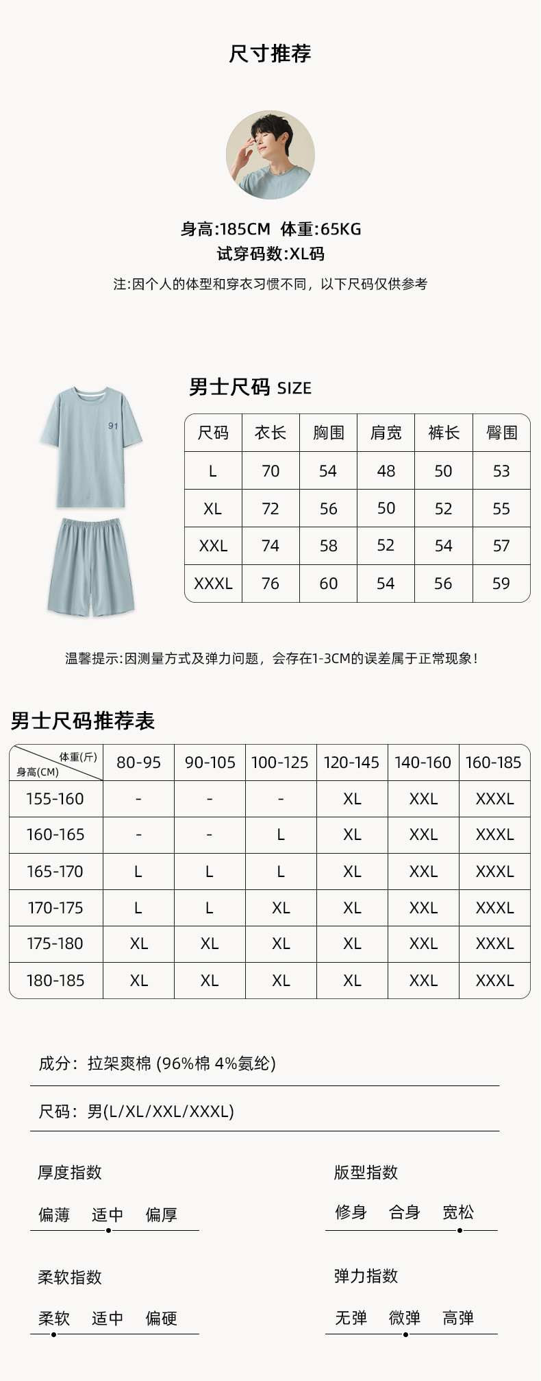  【凉感型】夏季纯棉睡衣男短袖冰丝爽棉家居服男士可外穿套装 L  澳卡狐