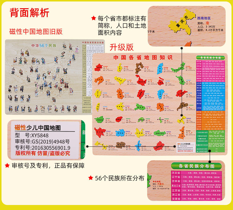 木制中国拼图磁性儿童早教2-6周岁3地图4益智玩具男孩女孩幼儿园