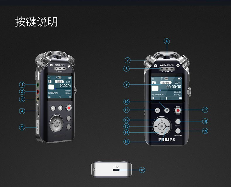 飞利浦/PHILIPS VTR7800 16G 录音笔 4通道高清降噪远距离录音 文件编辑 变速播放