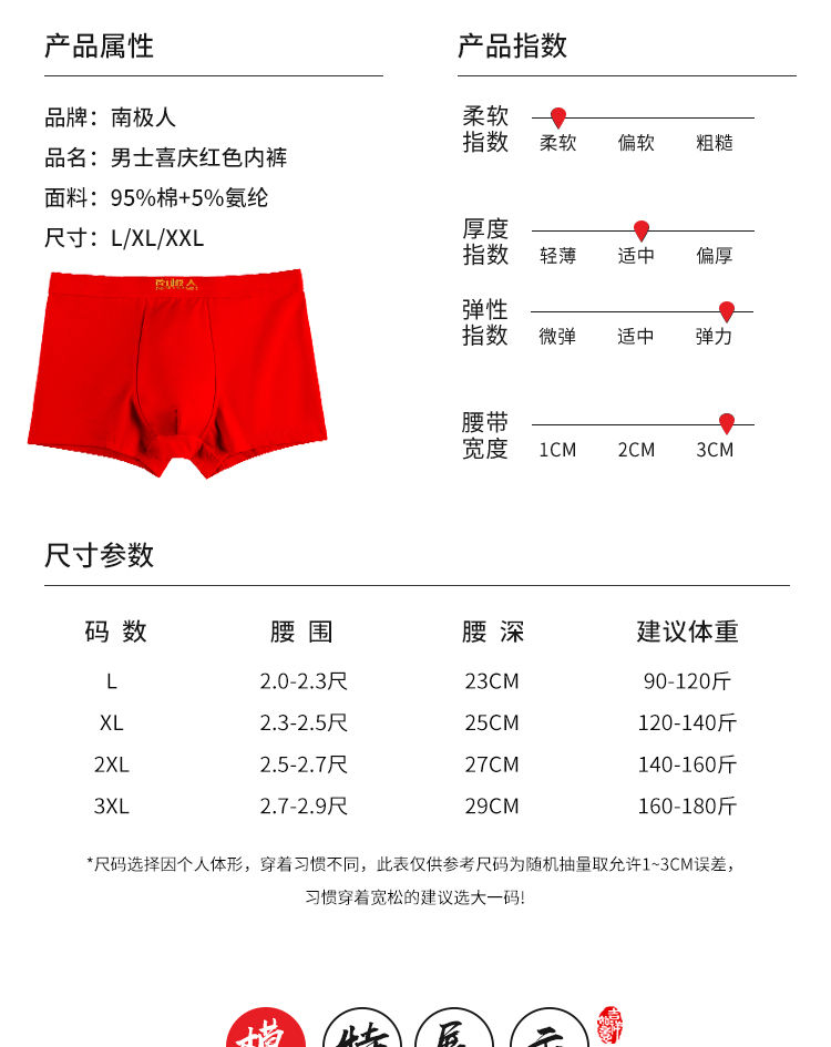 【南.极.人正品】4条装本命年纯棉男士内裤大红色平角裤透气四角裤