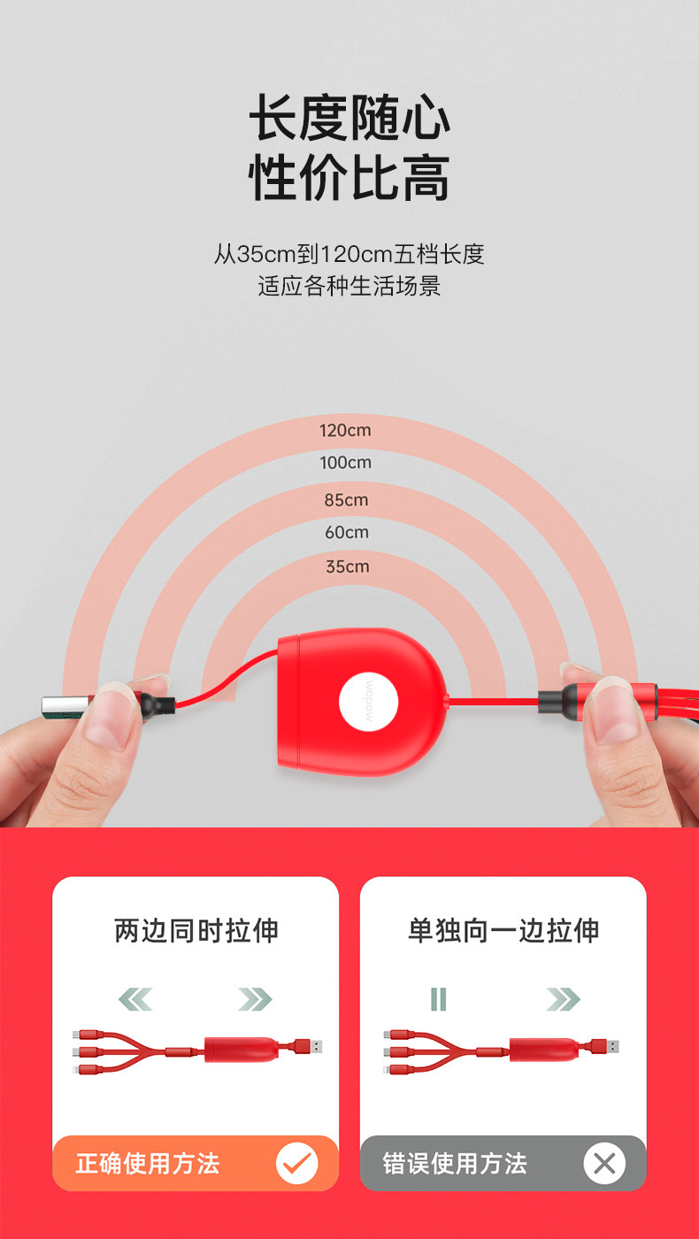 沃品伸缩三合一充电线LC009