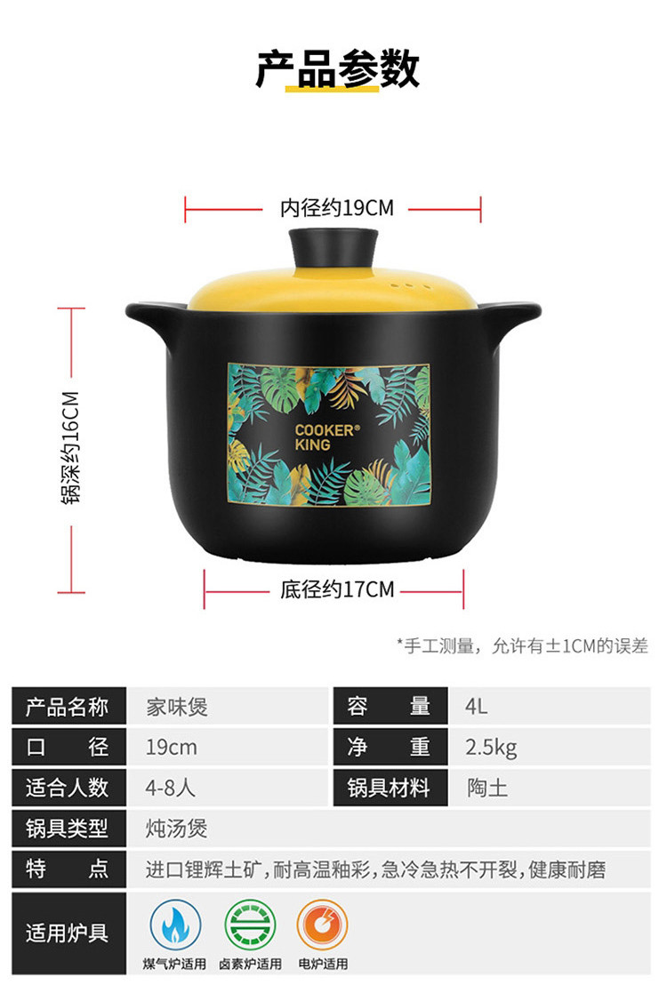炊大皇/COOKER KING 家味煲砂锅陶瓷煲炖锅煲汤抗热带盖 TCX3852 4L