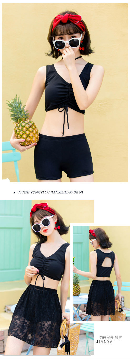 日系少女游泳衣女学生韩版性感分体比基尼三件套保守显瘦大码泳装