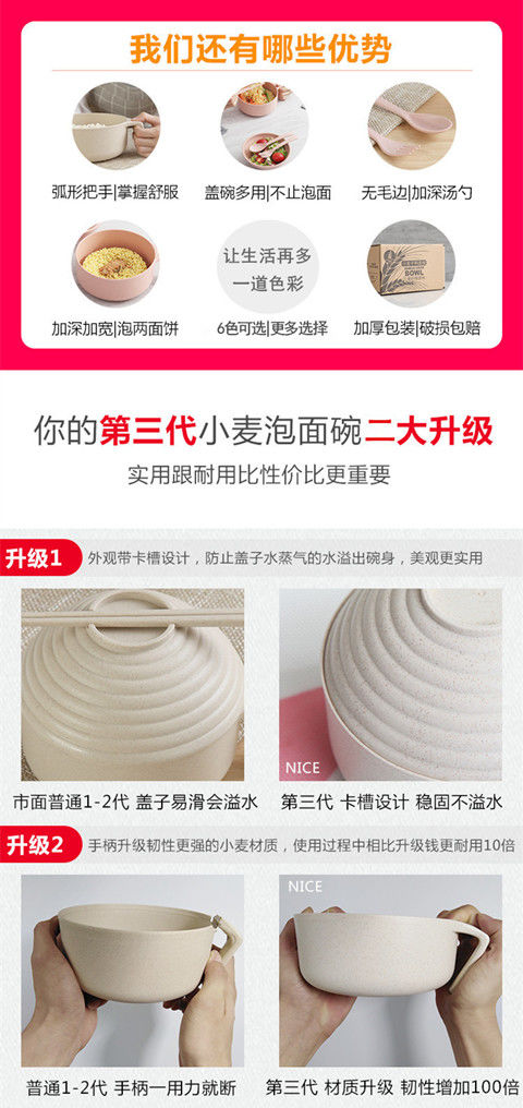 日式泡面碗带盖学生宿舍家用大号小麦秸秆餐具饭盒方便面碗筷套装