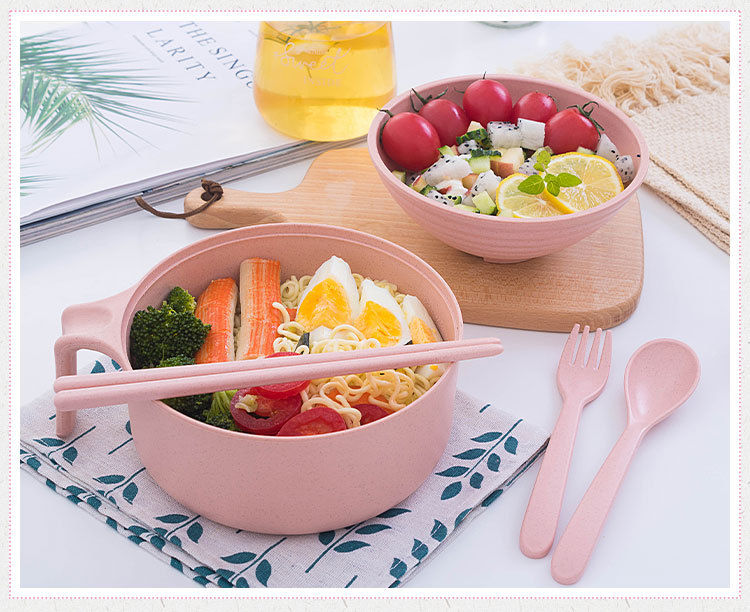 日式泡面碗带盖学生宿舍家用大号小麦秸秆餐具饭盒方便面碗筷套装
