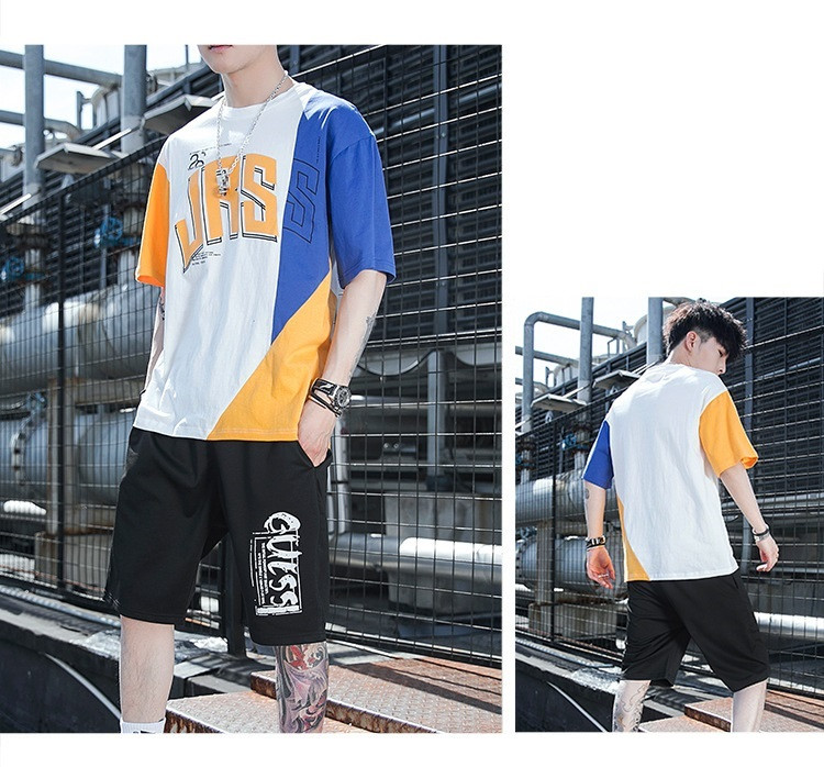 verhouse 男装新款夏季韩版时尚拼色短袖套装宽松运动休闲短裤两件套潮