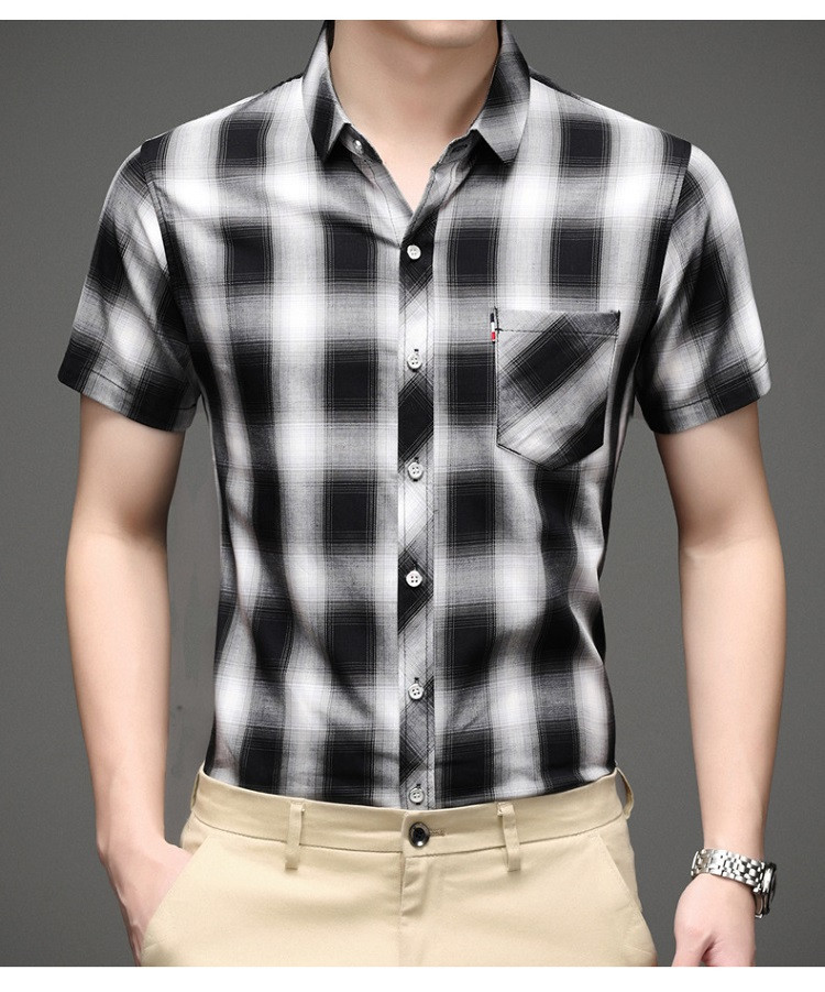 verhouse 夏季新款中年人男士格子衬衫休闲百搭薄款短袖衬衣