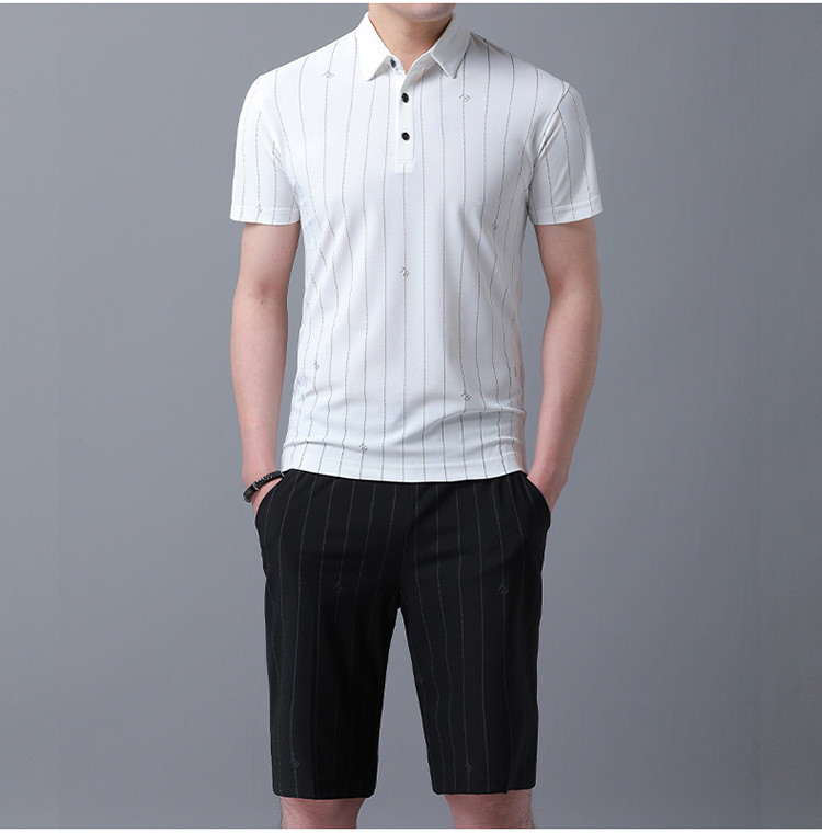 verhouse 男士休闲短袖套装夏季新款条纹翻领T恤+宽松短裤薄款两件套