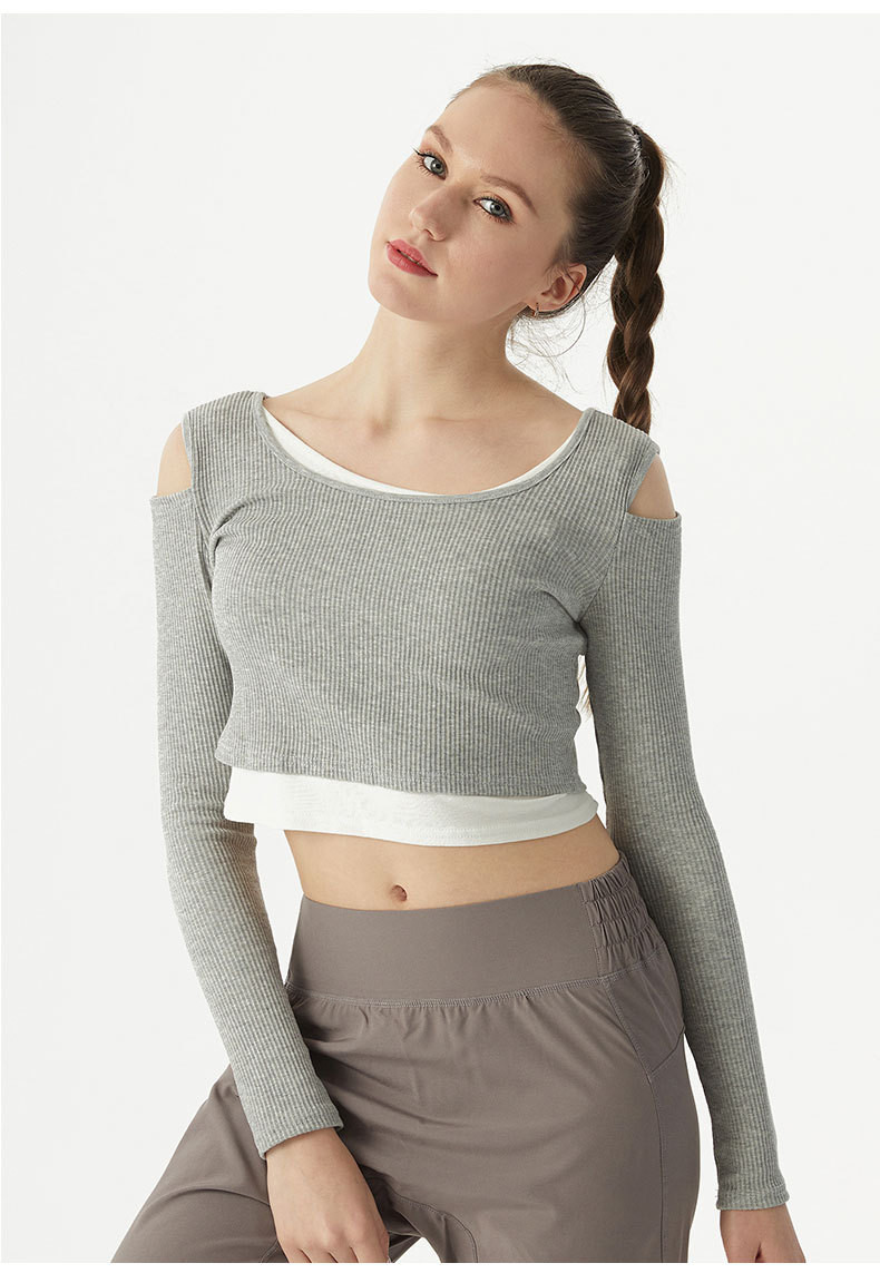 verhouse 春夏新款撞色假两件露脐运动T恤修身长袖健身瑜伽服上衣女
