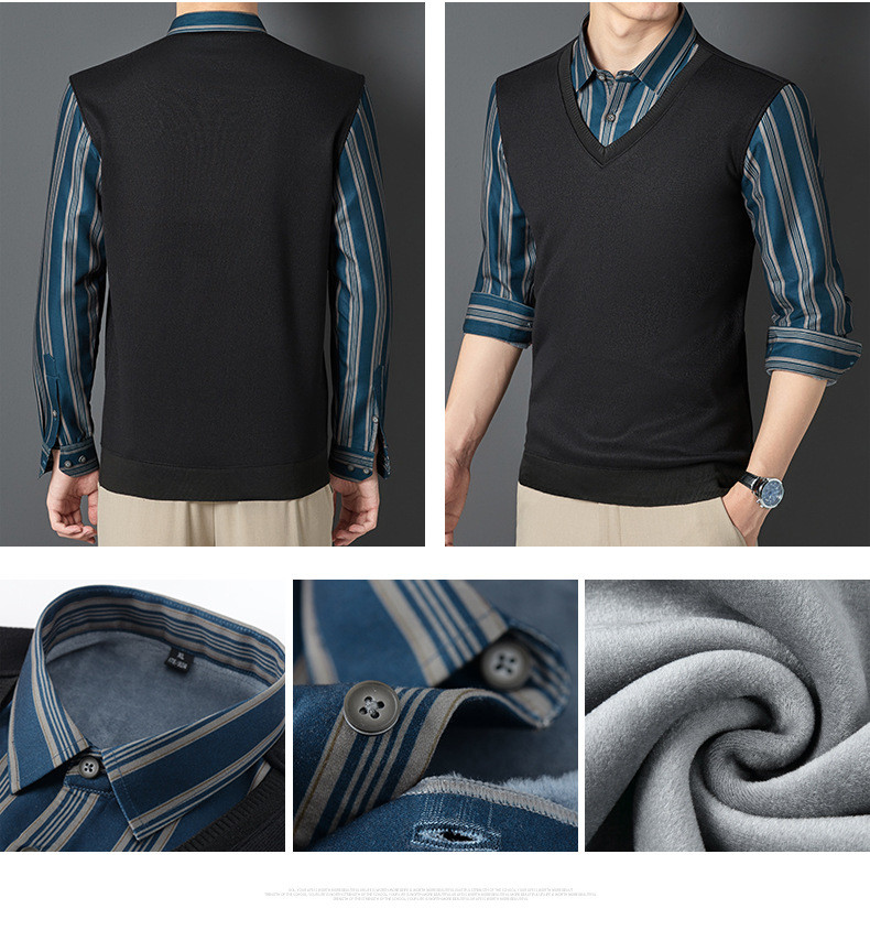 verhouse 男士衬衫领假两件毛衣冬季新款保暖加厚加绒背心式毛衣