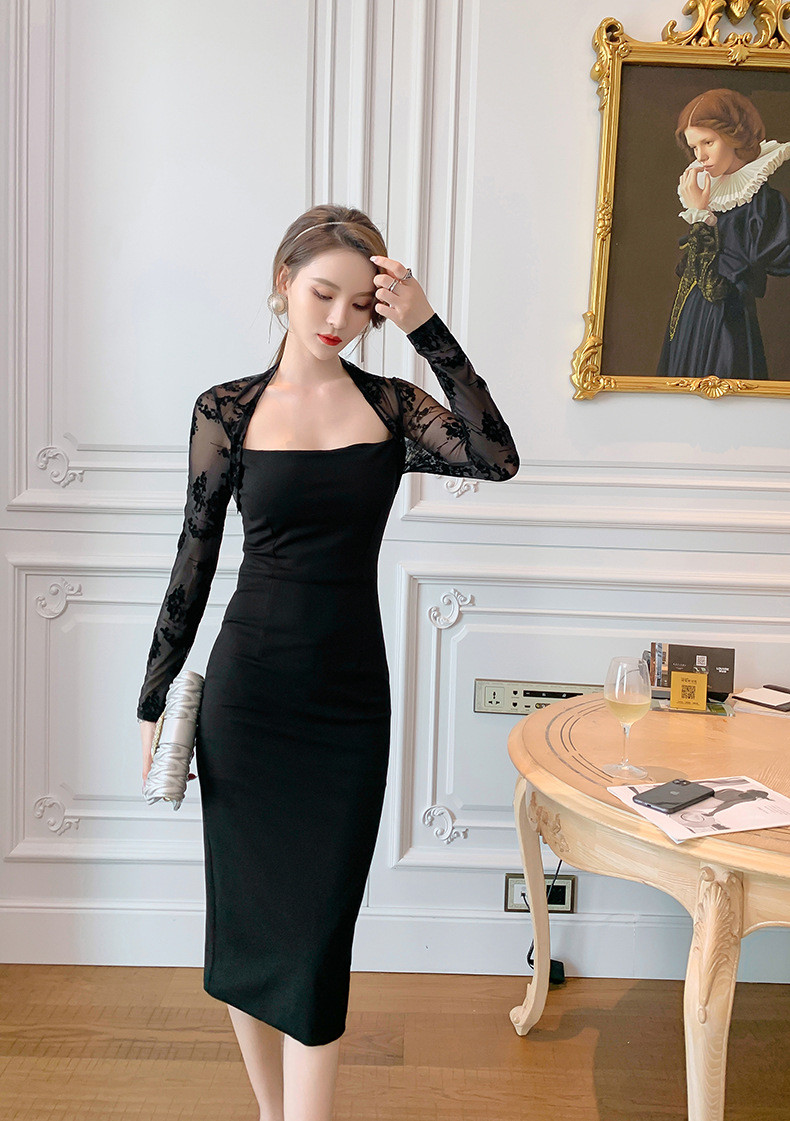 verhouse 女士连衣裙新款黑色网纱长袖中长款包臀小黑裙修身性感连衣裙