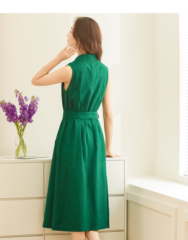 verhouse 女士夏季新款连衣裙时尚高腰显瘦绿色无袖A字裙