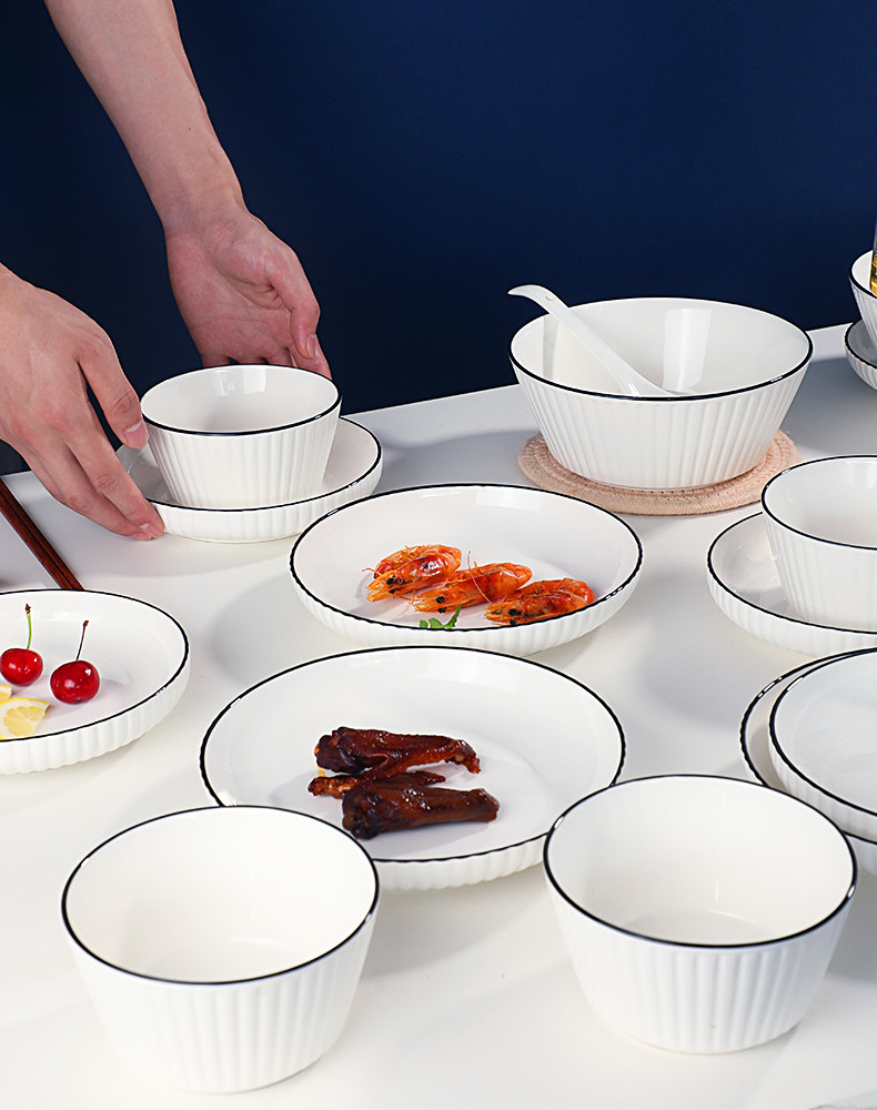鲁凤来 陶瓷餐具 9头北欧简约风餐具套装竖纹餐具（4碗4盘1大汤碗）