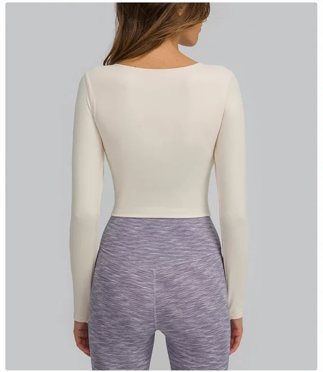 欧美新款含胸垫运动长袖T恤 半截短款户外跑步修身瑜伽上衣女