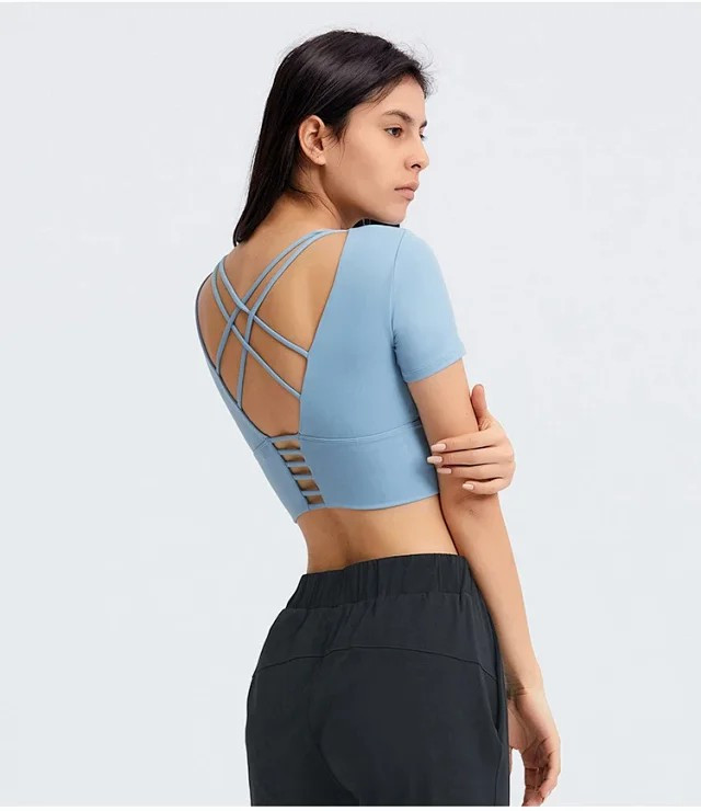 夏季新品露脐短款带胸垫瑜伽T恤女 镂空美背户外休闲运动短袖