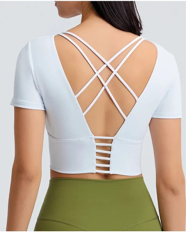 夏季新品露脐短款带胸垫瑜伽T恤女 镂空美背户外休闲运动短袖