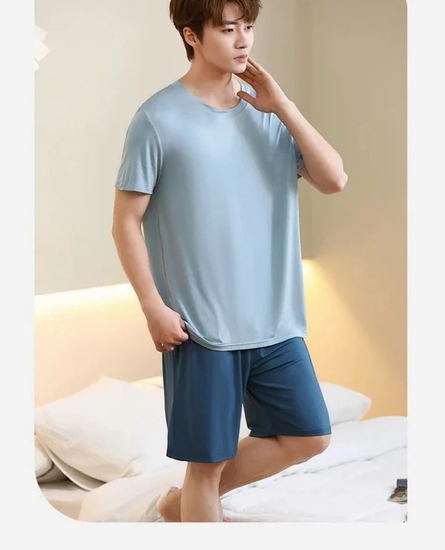 芙拉迪 夏季新款薄款透气撞色圆领男士短袖短裤家居服套装