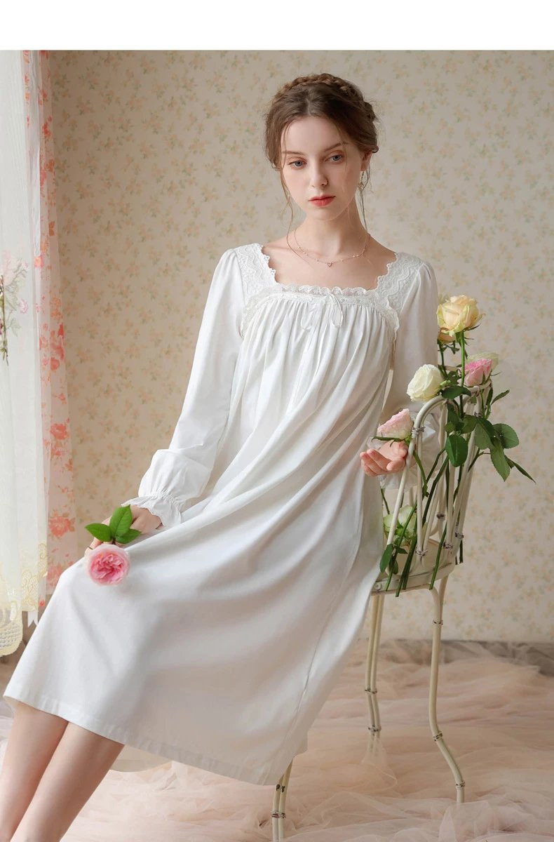 芙拉迪春秋法式仙女风长袖薄款蕾丝棉质女士睡裙