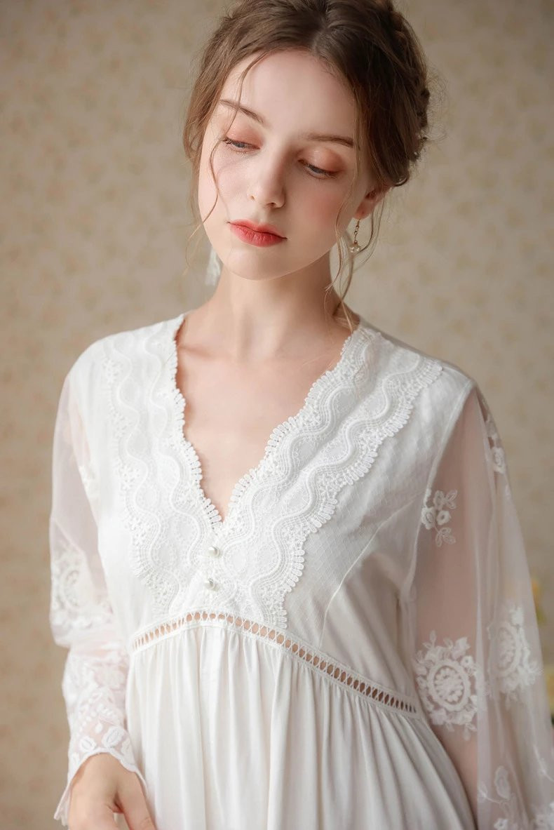 芙拉迪春夏法式高级感蕾丝刺绣长款棉质女士睡裙