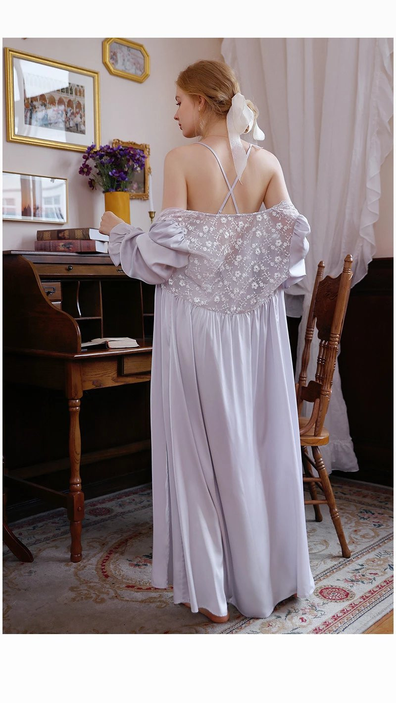 芙拉迪 春秋法式浪漫风冰丝薄款吊带睡裙开衫女士家居服两件套