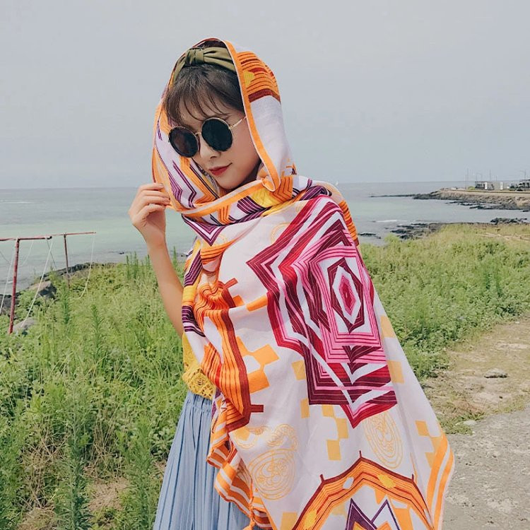 芙拉迪 夏季海边旅游复古民族风流苏款防晒大披肩沙滩巾
