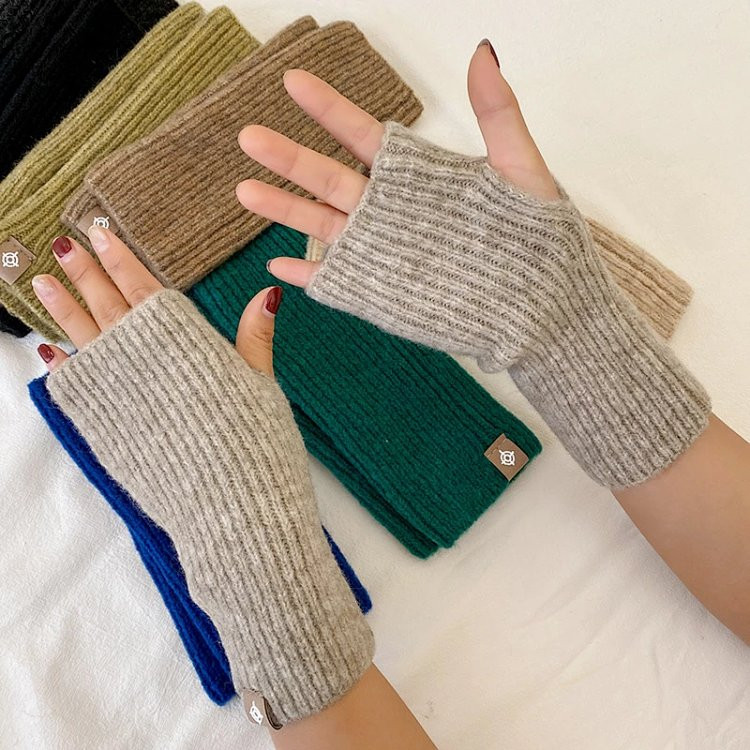 芙拉迪 秋冬款纯色保暖半指毛线针织护腕手套
