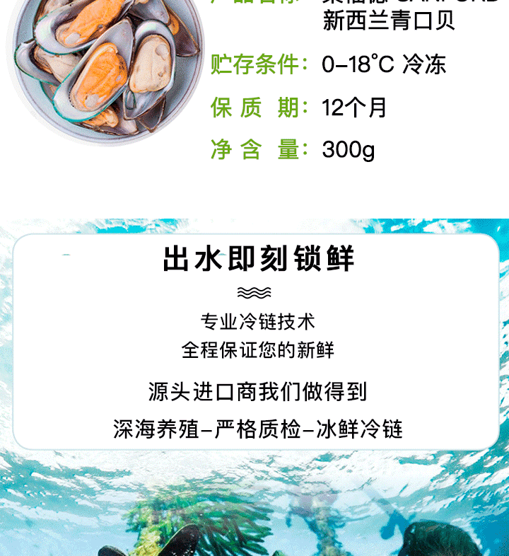 【全程冷链配送 仅限上海】锦鲜鈁青口贝M300g/袋3袋装