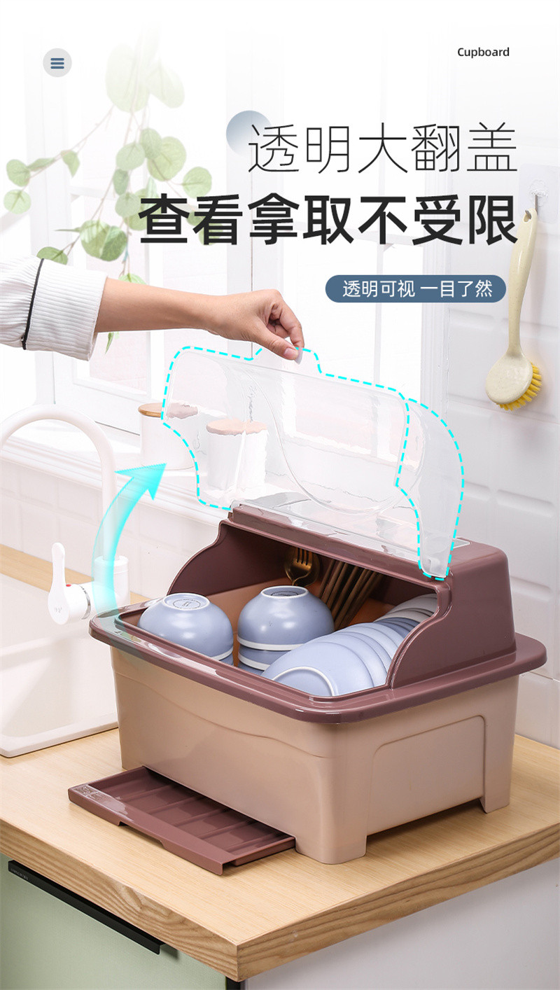洛港 厨房收纳架餐具盒带盖碗柜盘子沥水碗筷收纳箱/组