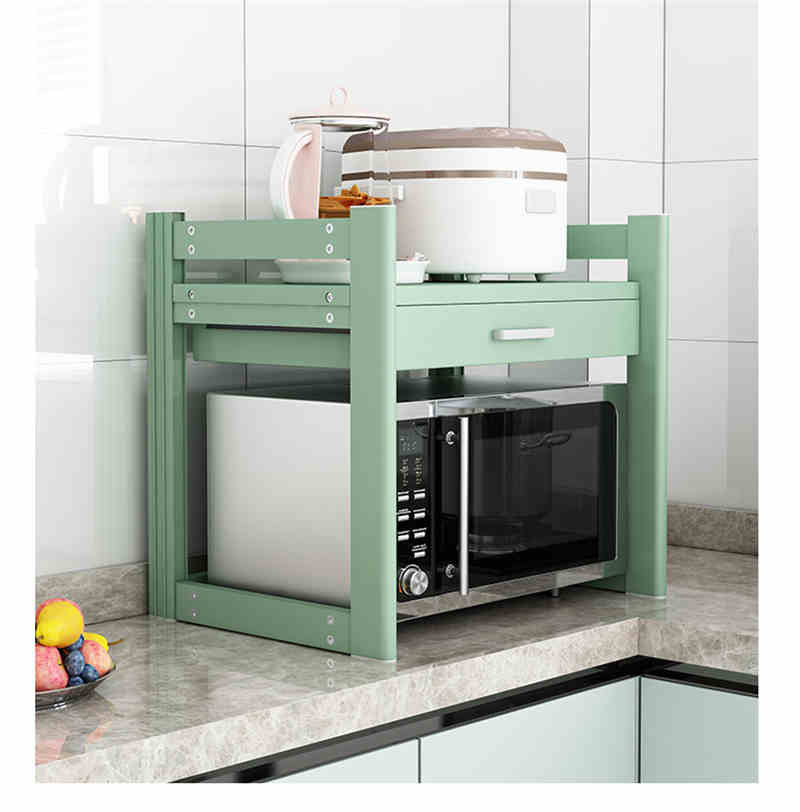 洛港 厨房微波炉置物架台面带抽屉家用电饭锅烤箱收纳架子桌面双层橱柜